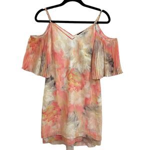 WHITE HOUSE BLACK MARKET COLD SHOULDER WATERCOLOR DRESS ECRU PEACH SZ 00 NWT‎